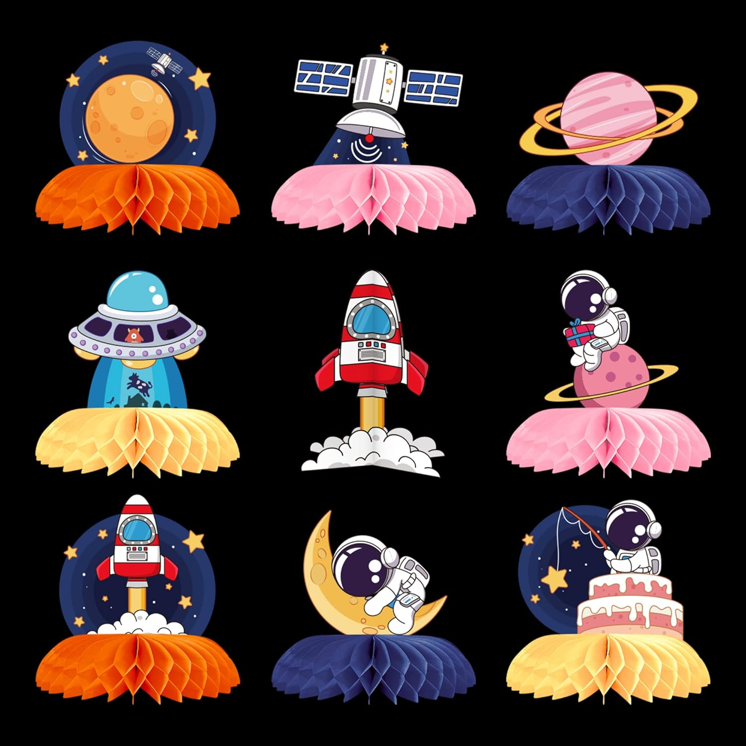Outer Space Themed Honeycomb Centerpiece 9 PCS Outer Space Party Decorations Birthday Party Table Toppers Double Sided Table Decorations Planet Rocket Astronaut Solar System Party Supplies image number 2