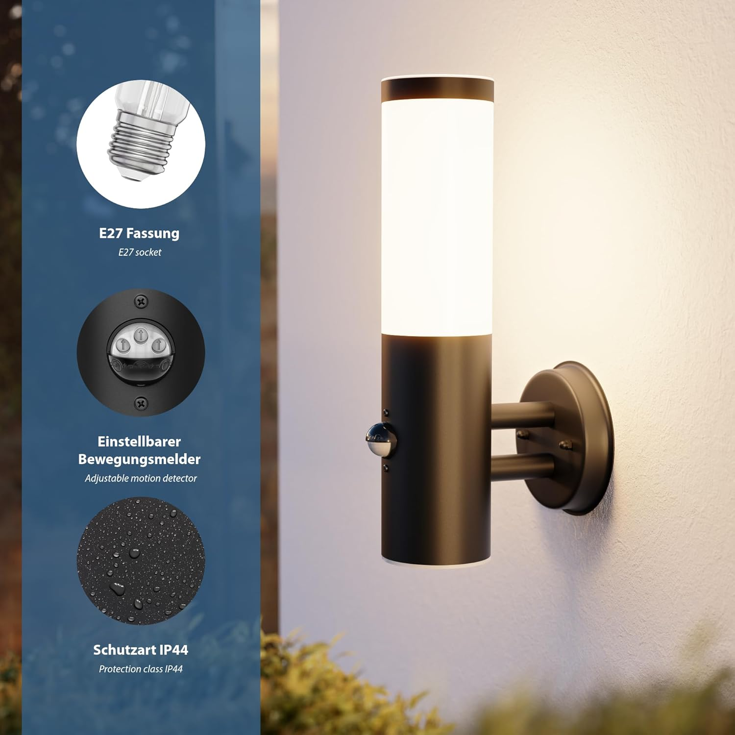 Ledscom.De Poru Wall Light for Outdoor Use, IP44, Motion Sensor, Stainless Steel, Matte Black, Round, 1X E27 Max. 15 W image number 5