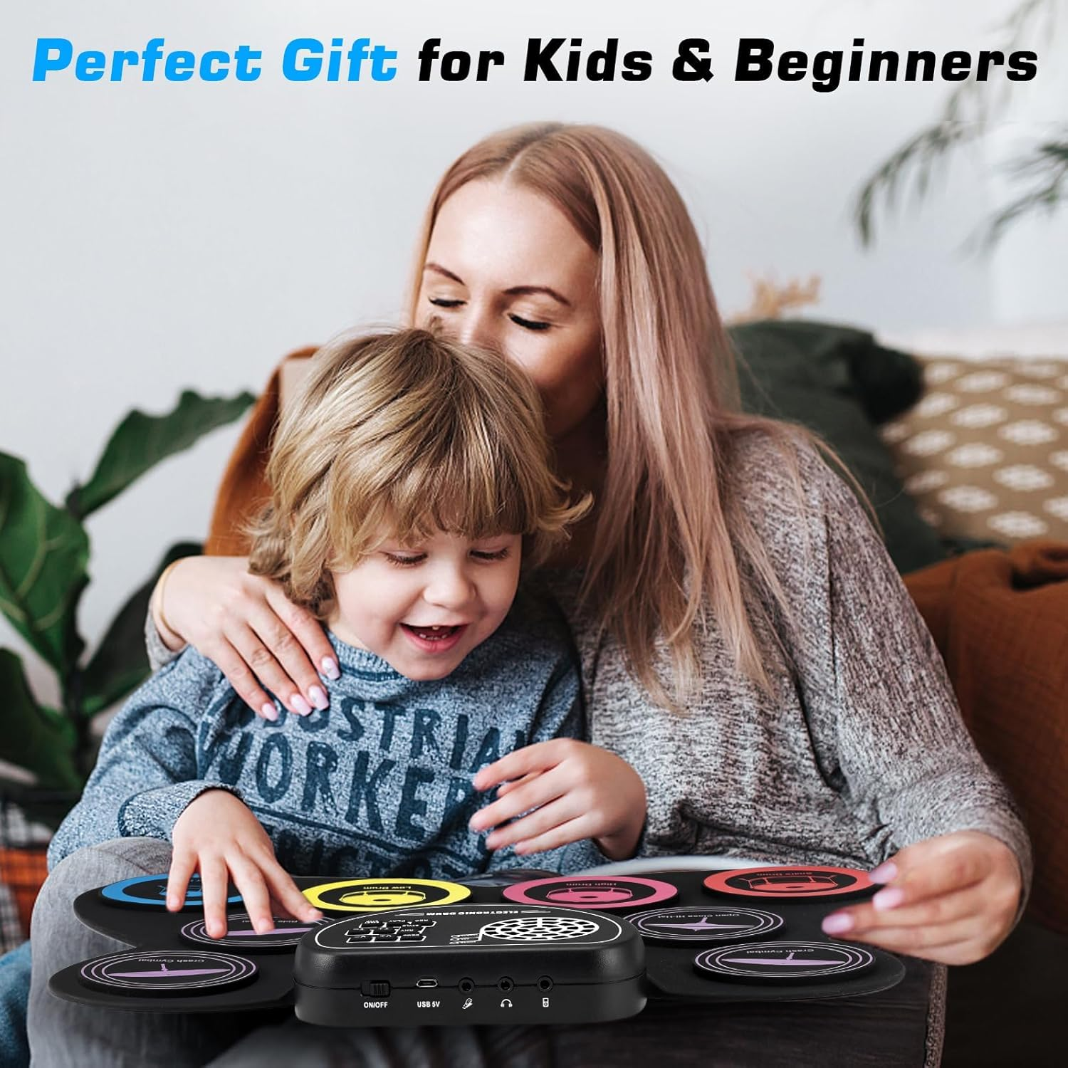 9 Pads Roll up Electronic Drum Kit, Kids Drum Set with Built-In Speakers,Sticks, Pedals, Bluetooth MIDI, Great Christmas & Birthday Gift for Beginners, 10 Hours Playtime image number 6