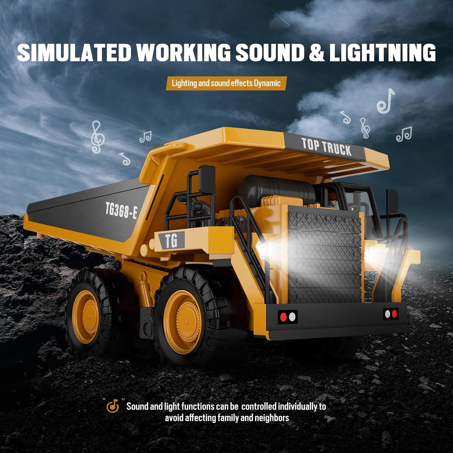 9-Channel RC Dump Truck - Metal Bed with 2 Rechargeable Batteries, Lights & Sound, Construction Vehicle Toy for Kids 3+, Christmas Birthday Gifts for Ages 3-12 image number 1