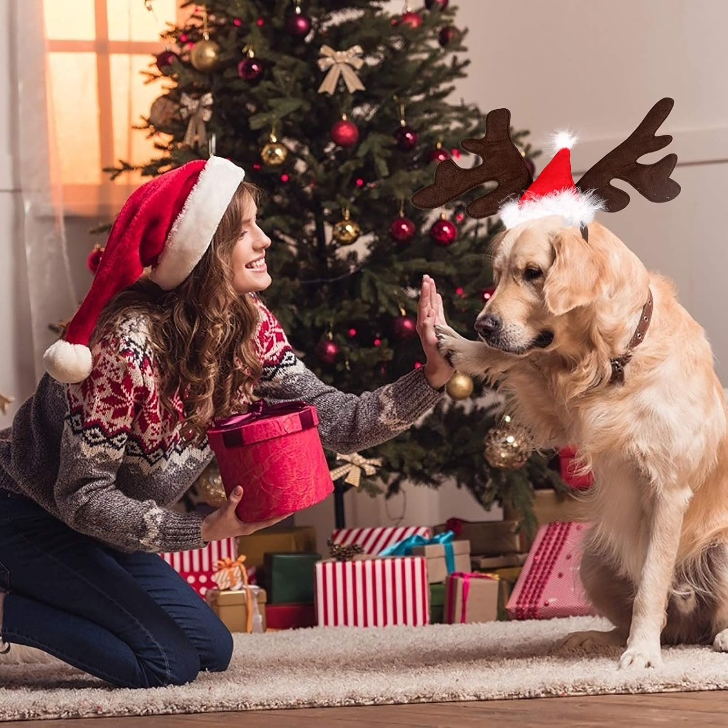Christmas Dog Elk Reindeer Antler Headband Santa Hat Cap Pet Xmas Costume Headwear Adjustable Accessories for Cat and Puppy Small Dog image number 5
