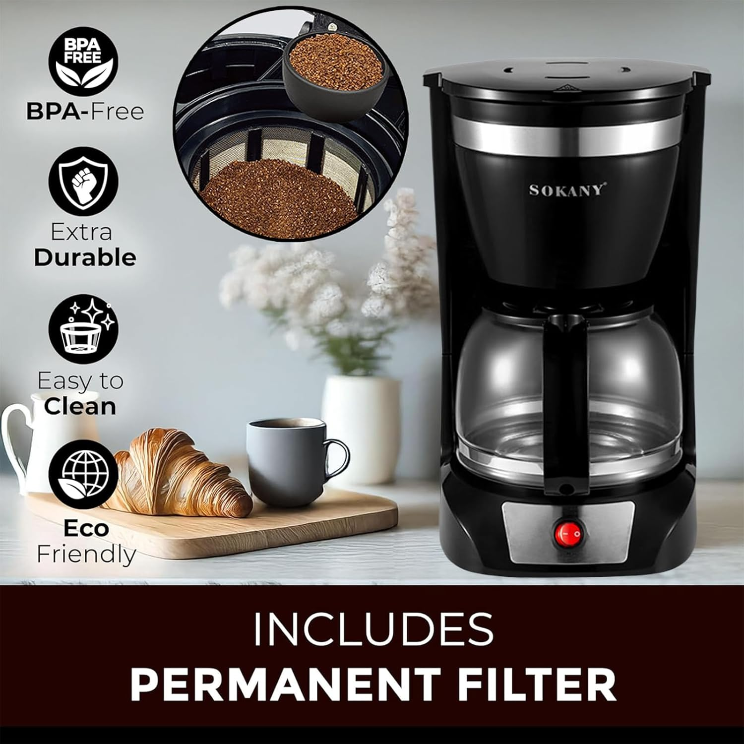 XIULIUU Coffee Maker, 12 Cup Coffee Pot with Reusable Filter, Keep-Warm Function, One-Touch On/Off Clear Water Level Window Coffee Machine, Black Electric Coffee Maker image number 4