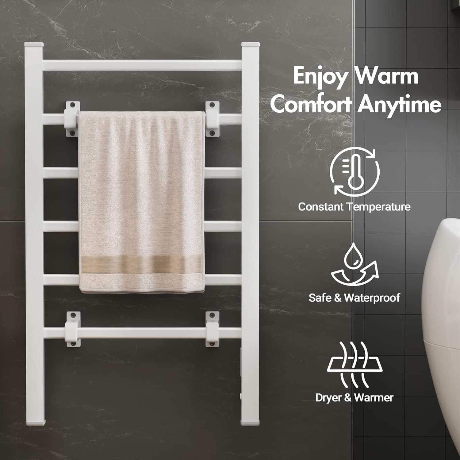 6 Bars Heated Towel Rail, Wall Mounted Towel Rack, Aluminium Electric Towel Warmer Dryer Rail Waterproof for Bathroom, Silver image number 3