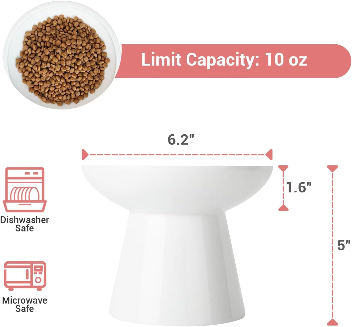 CEEFU Extra Wide Elevated Ceramic Cat Bowl, 6.2" Shallow Dish for Whisker Fatigue Relief, 5" Height for Easy Feeding, Durable Raised Cat Food Bowls, Pack of 2, White image number 4