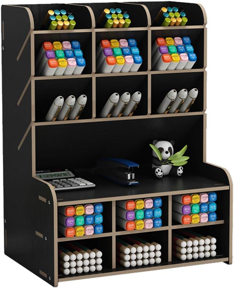 Wooden Desk Organizer with Drawer, Large Capacity DIY Pen Holder Storage Box Desktop Stationary Storage Rack, Pen Organizer Caddies for Office, Home and School Supplies (B16-Black)