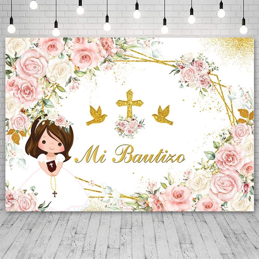 AIBIIN Mi Bautizo Backdrop Boho Baptism God Blessing Communion Party Decoration Girl Pink White Flowers Gold Dove Holy Cross Newborn Baby Shower Photo Booth Props 7X5Ft image number 5
