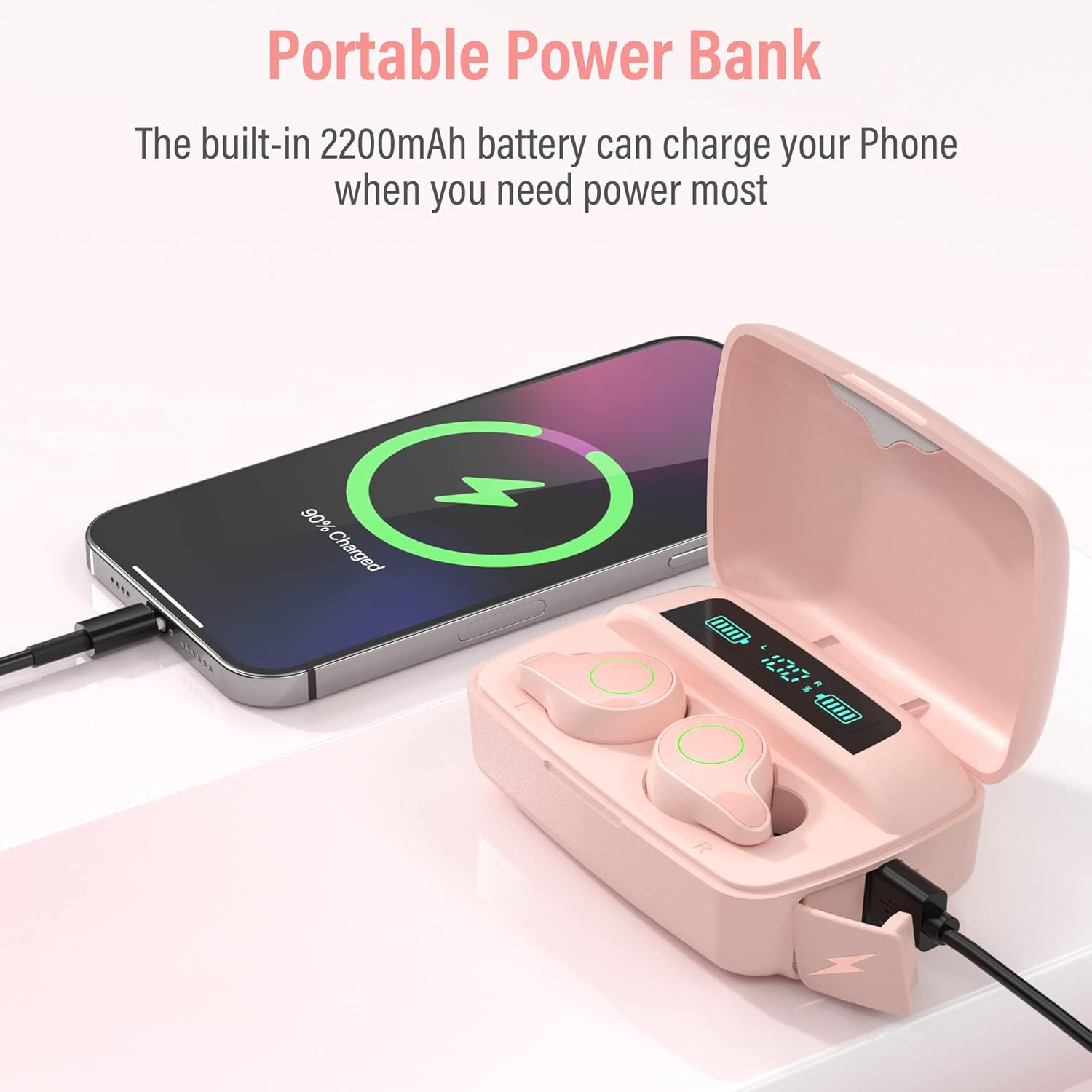 Esiposs Wireless Bluetooth 5.0 In-Ear Headphones with Microphone 156H Playtime with USB-C LCD Charging Case, Wireless Stereo Sound IPX7 Waterproof Earphones for Iphone Samsung Android - Dark Black image number 4