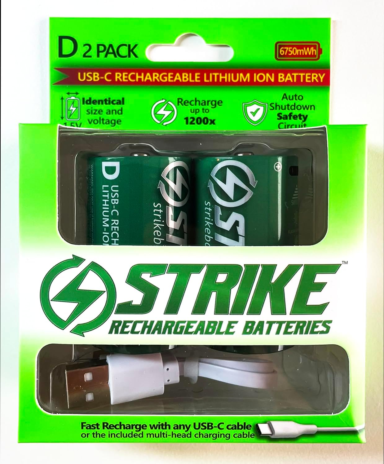 D Battery Lithium Ion 2 Pack Smart LED 1.5V 6750Mwh USB-C Rechargeable with Charging Cable, No Charging Box Needed! image number 2