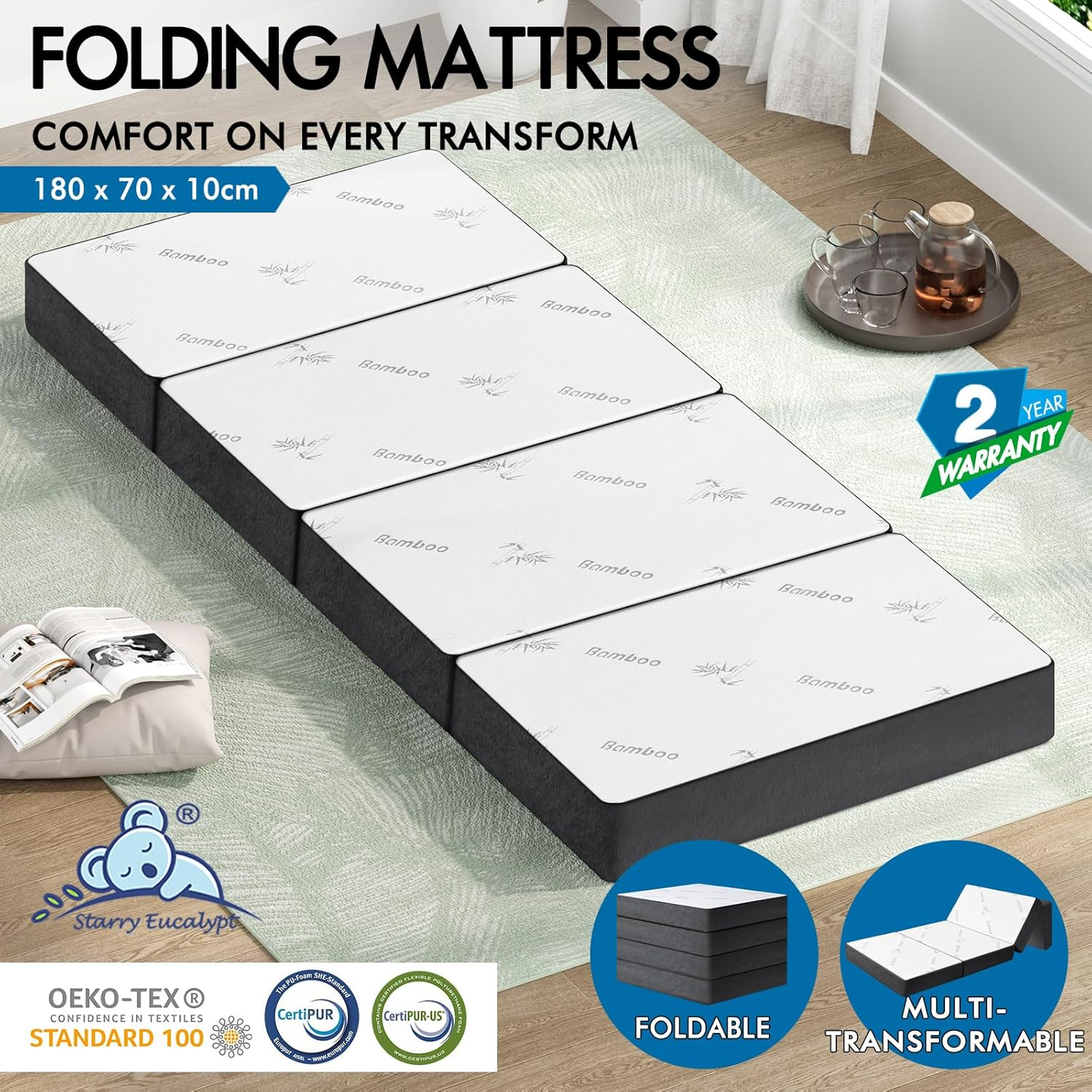 STARRY EUCALYPT Folding Mattress 180Cm X 70Cm X 10Cm Foldable Sofa Lounge Mat Pad Portable Single Mattress Floor Bed in Bamboo White for Home Office Camping and Travel Use(4B Bamboo White)