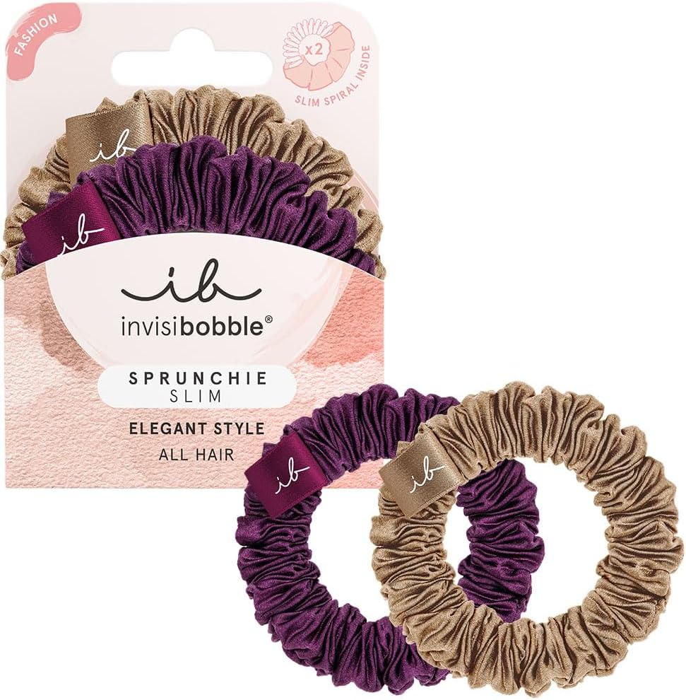 Invisibobble Scrunchie Purple & Bronze Slim the Snuggle Is Real, Silk Scrunchie with Spiral Hair Scrunchie, Fabric Hair Scrunchie with HAIRLOVETECH, Maximum Hold, Gentle, Timeless, for All Hair Types, Pack of 2