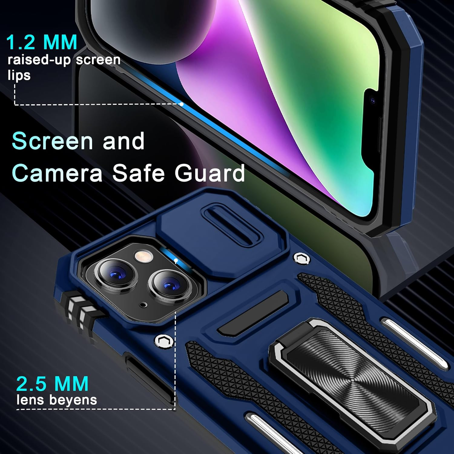 DEERLAMN Case for Iphone 13/Iphone 14 6.1-Inch with Slide Camera Cover+Screen Protector(2 Packs),Rotated Ring Kickstand Military Grade Shockproof Protective Cover-Navy Blue image number 2