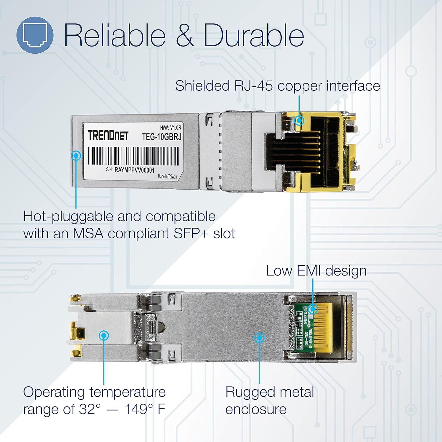 Trendnet 10G RJ-45 Copper SFP+ Module, Convert a Standard SFP+ Slot into a RJ-45 Multi-Gigabit Port, Connect Devices up to 30M (98Ft), Hot-Pluggable, Lifetime Protection, Silver, TEG-10GBRJ image number 6