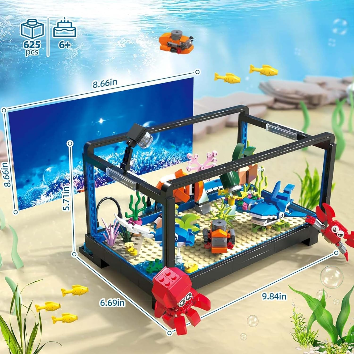 TOY PLAYER Aquarium Building Kit, 625 Pieces Peg Toy with LED Light, Compatible with Popular Aquarium Clamp Blocks, Gift for Kids and Adults Aged 6+ image number 4