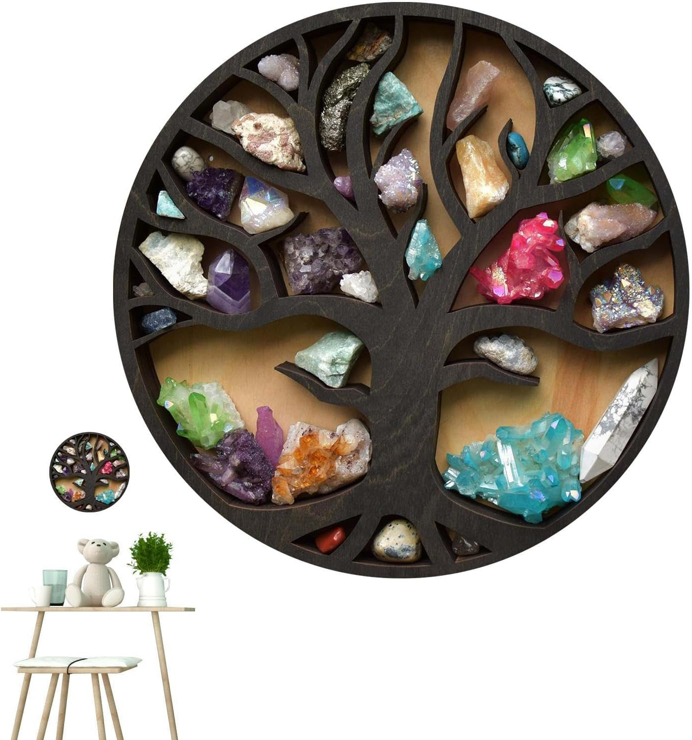 Crystal Display Shelf Wall &ndash; Tree Life Holders Bedroom, Gym Rustic Wooden, Crystals Stones Oils | Wall Holders Bedroom, Gym Rustic Wooden Crystals, O image number 6