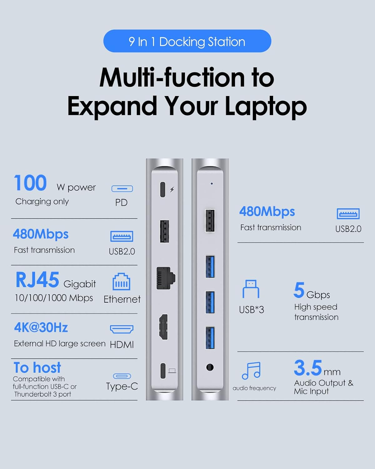 LENTION USB C Docking Station with 100W PD, 4K HDMI, Gigabit Ethernet, USB 3.0/2.0 & Aux Adapter Compatible 2023-2016 Macbook Pro, Mac Air/Surface, More, Stable Driver Certified (CB-D53, Silver) image number 5
