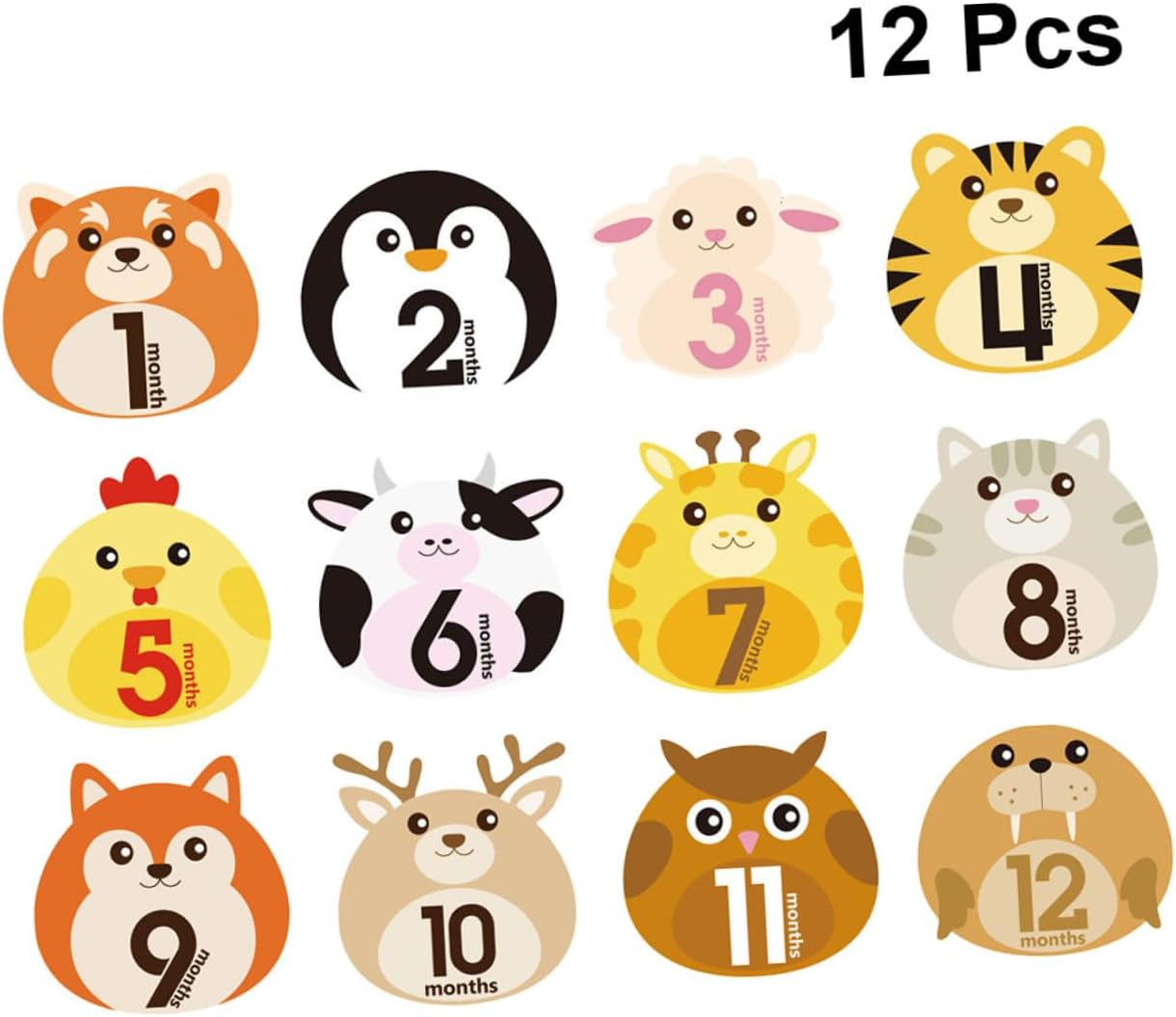 Bestonzon 12 Sheets Monthly Milestone Stickers Self-Adhesive Animal Design Decals for Newborn Belly Photo Props Reusable Growth Tracking image number 5