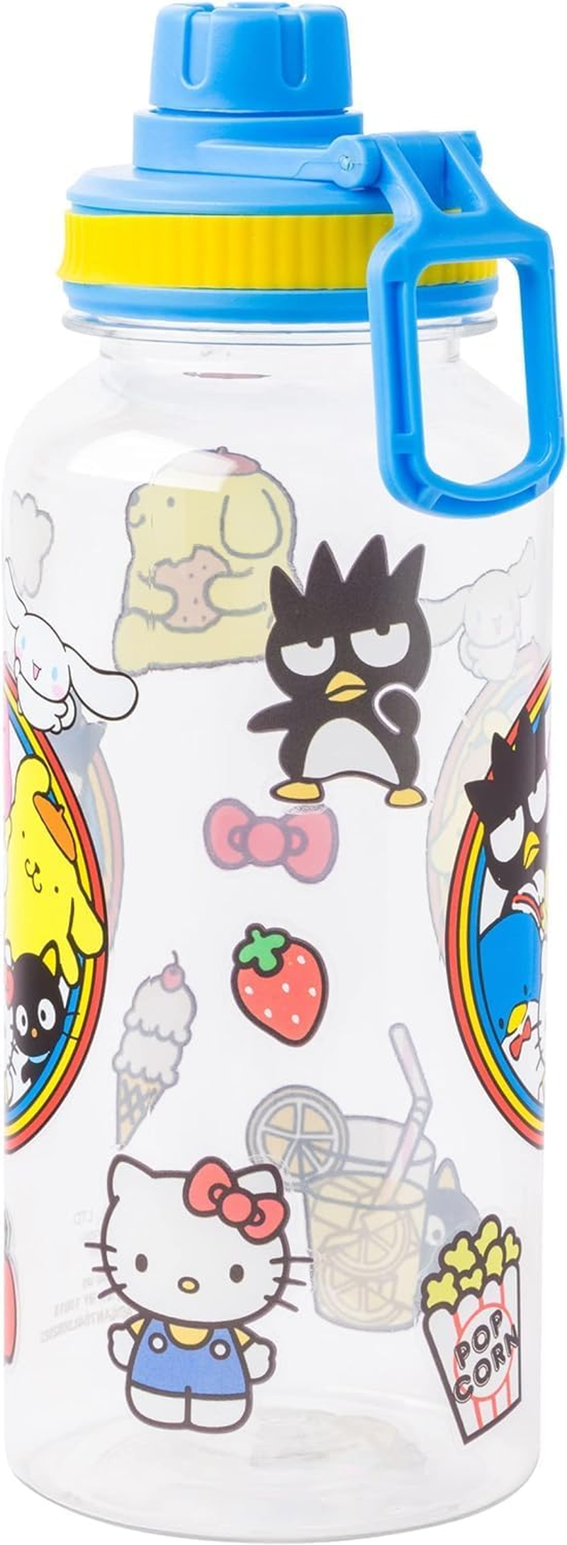 Silver Buffalo Sanrio Hello Kitty and Friends Featuring Badtz-Maru, Pompompurin, Keroppi, My Melody, Tuxedo Sam, Cinnamoroll, and Chococat Plastic Bottle with Sticker Set, 32 Ounces image number 1