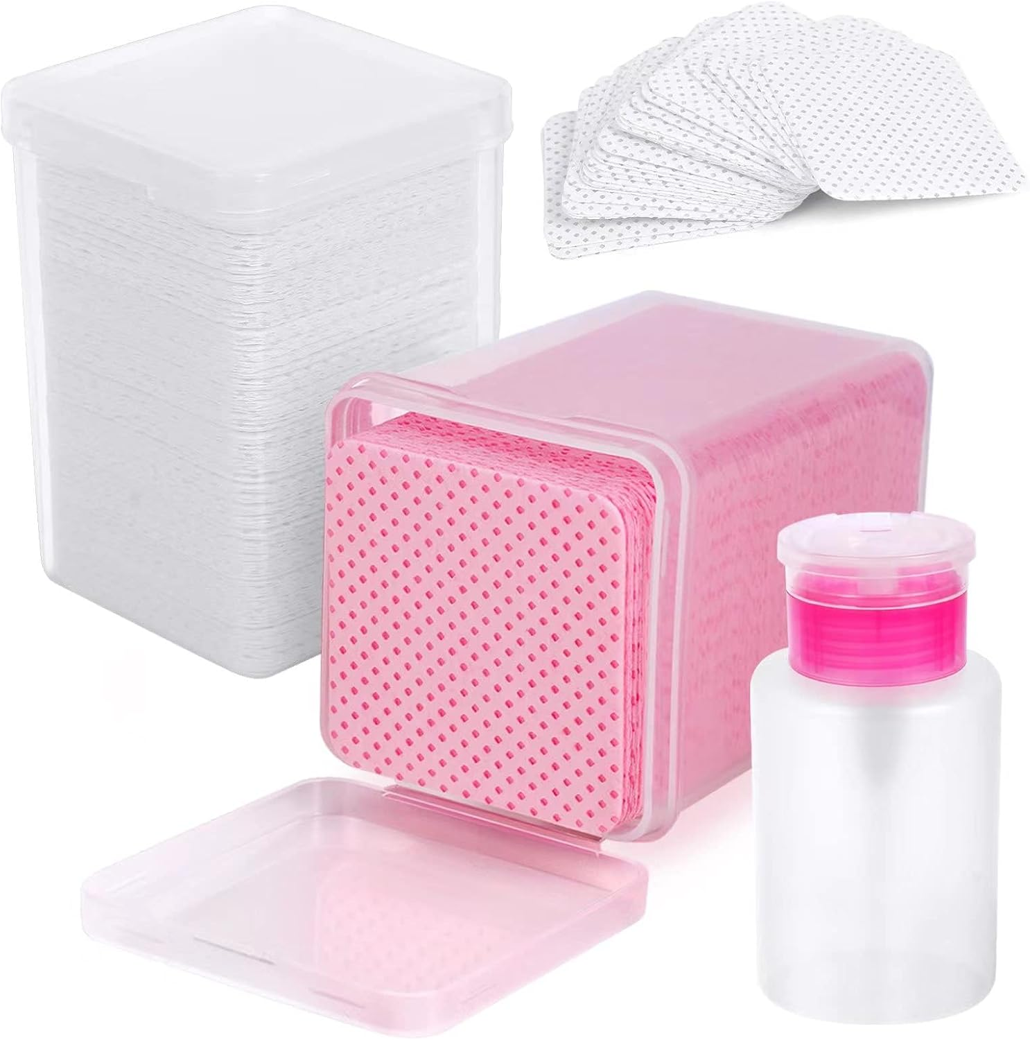400 Pieces Nail Cotton Pads,1 Pull-Down Pump Dispenser Bottle,Super Absorbent Soft Non-Woven Eyelash Glue Wipes,Nail Polish Dehumidifier for Eyelash Extension Products and Nail Oil Bottle(Pink White) image number 3