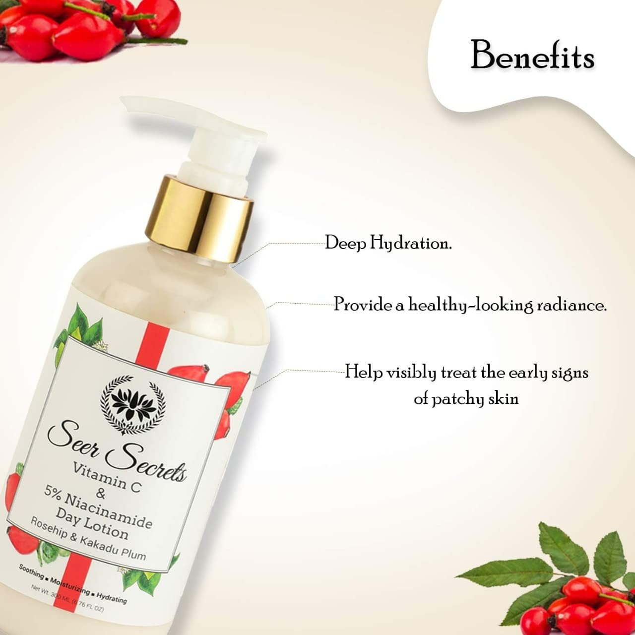 Seer Secrets Natural Rosehip & Kakadu Plum Day Lotion for Smoothing, Moisturizing & Hydrating Skin | Vitamin C & 5% Niacinamide | Better Skin Elasticity | Younger Looking Skin | Pack of 300ML image number 2