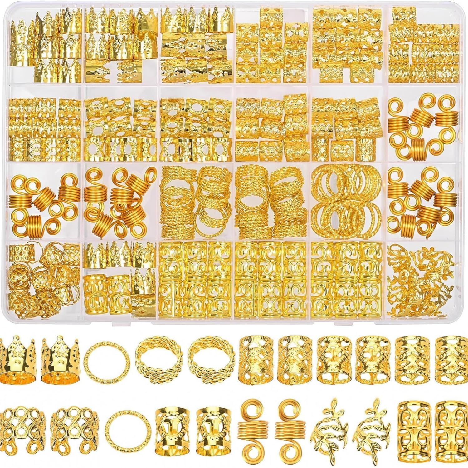 220 Pcs Gold Dreadlock Beads and Hair Cuffs Set, Decorative Hair Accessories Kit with Spiral Coils and Braiding Rings image number 2