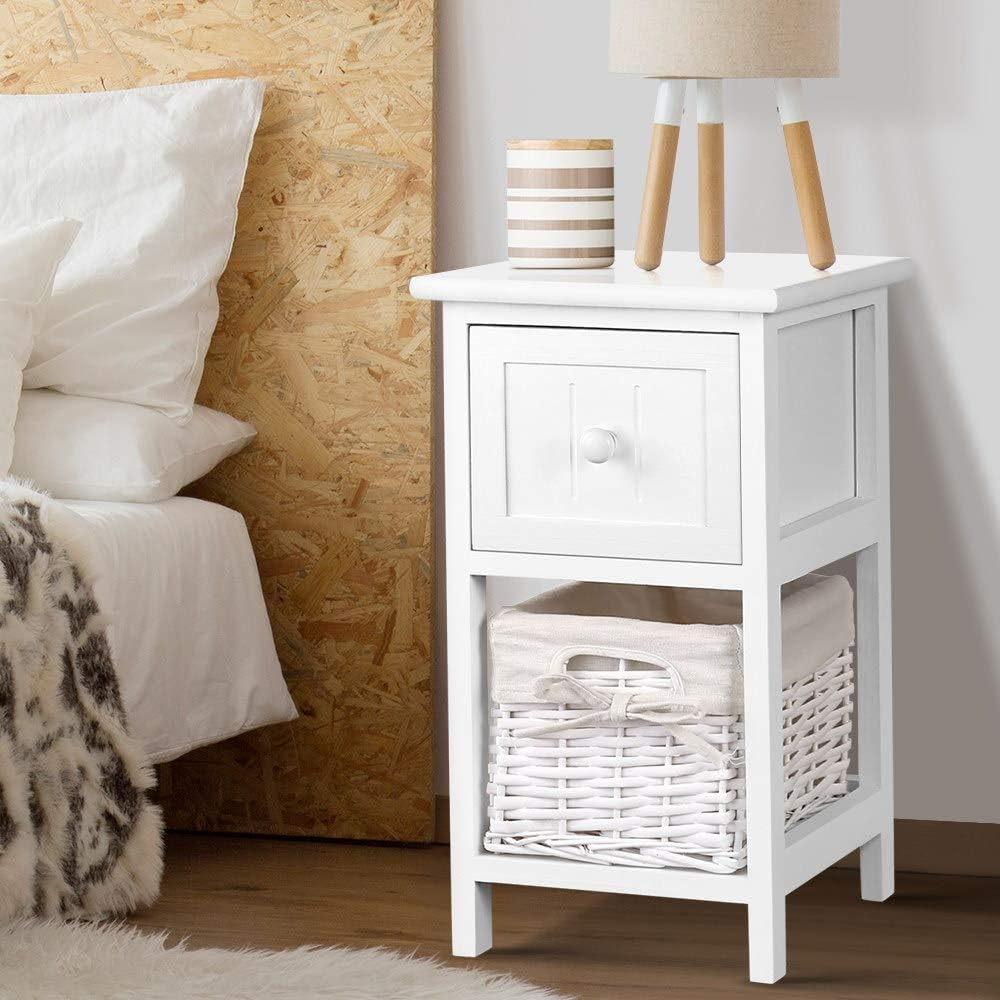 Artiss Bedside Table Set of 2 White Bed Baskets Side Tables Storage Small Narrow Desk Chest Drawers, with 1 Drawer + Shelf, Bedroom Home Furniture Tallboy Lamp Nightstand Cabinet in 45Cm Height image number 1