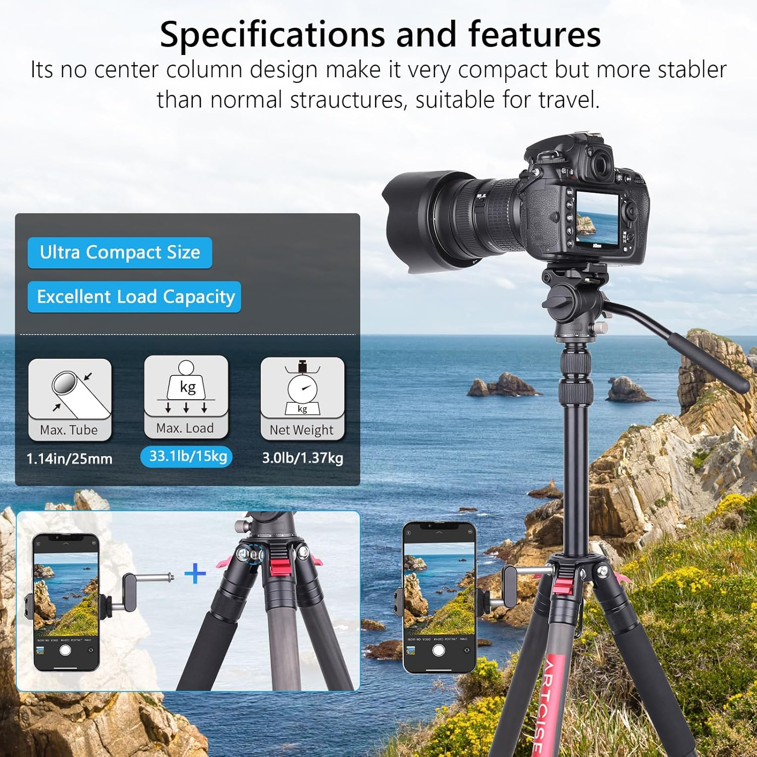 69.7" Lightweight Compact Carbon Fiber Tripod W/Detachable Monopod Video Head，Carbon Fiber Tripod, Lever Lock Professional Heavy Duty Camera Tripod Head image number 3