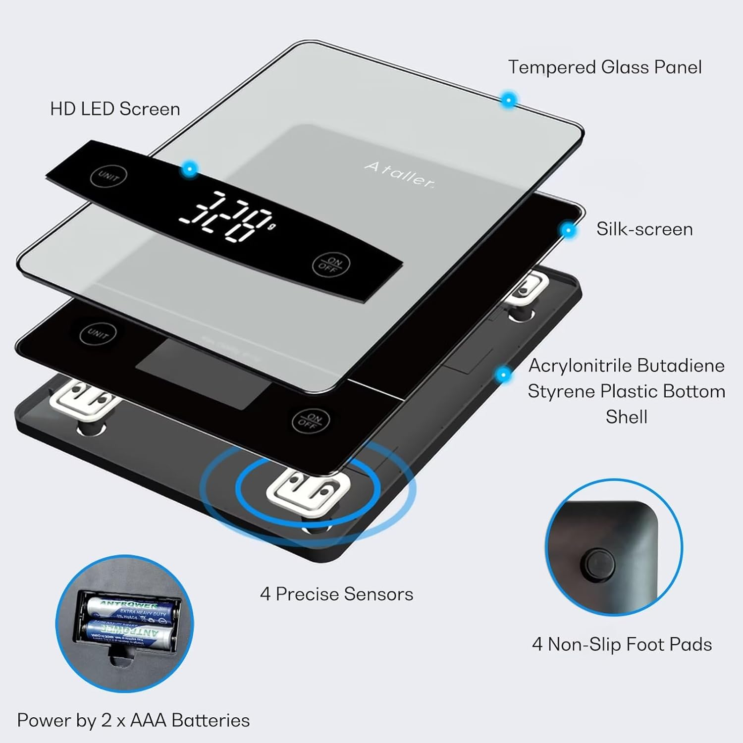 Ataller Digital Food Scale, Tempered Glass Panel, 10Kg/22Lb Capacity, Kitchen Weighing Scales with LED Display and 1G Increments for Baking, Cooking, Keto and Meal Prep, Black image number 2