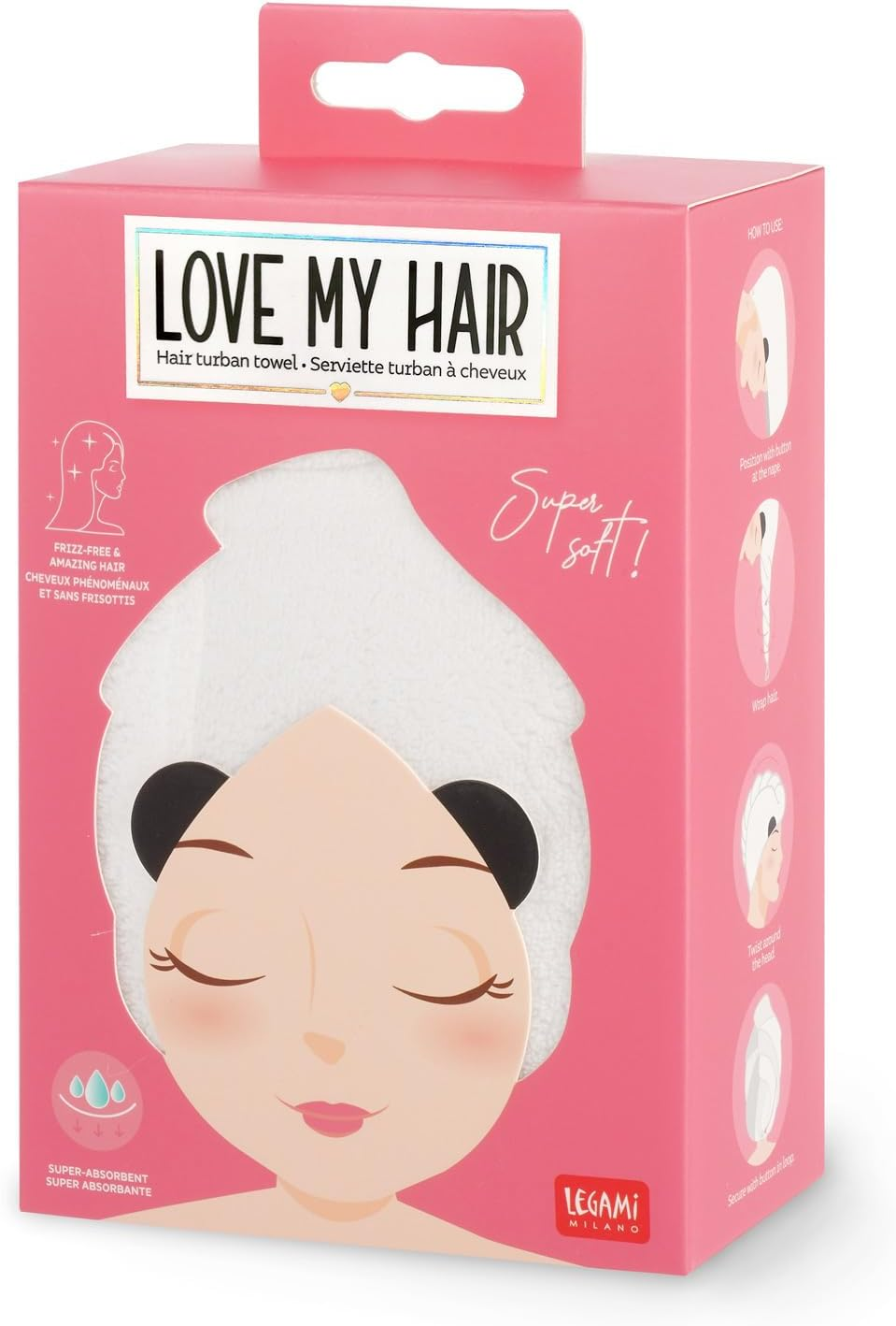 Legami - Hair Turban Love My Hair Quick Dry Microfiber Hair Dryer Super Absorbent Soft Anti-Frizz Towel for Women Button Closure Panda Theme image number 4