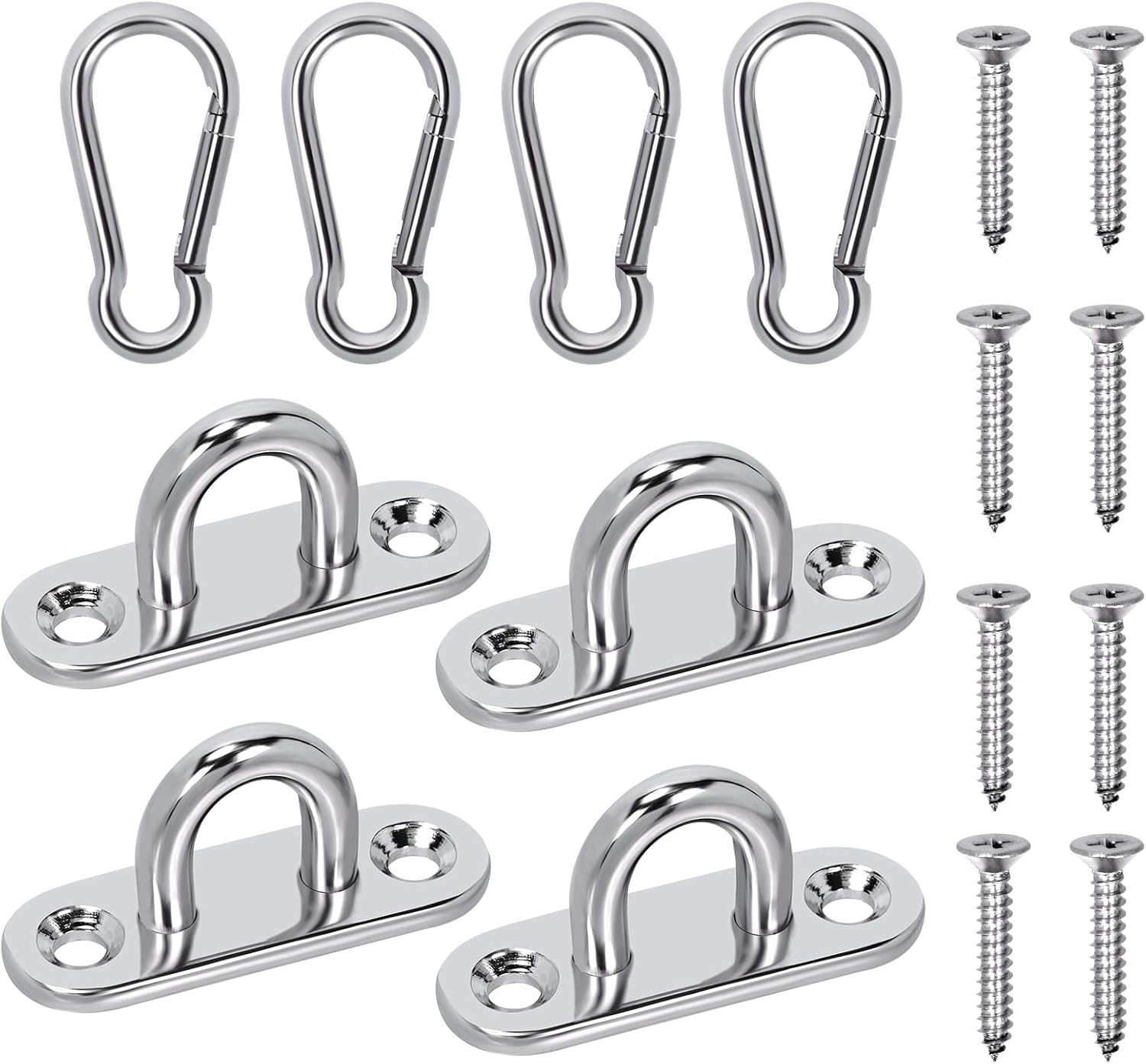Glarks 4 Pack M5 Stainless Steel Pad Eye Plate Hook and Snap Hook Kit, Heavy Duty Eye Plate U Hooks Ring Hook Loop and Spring Snap Clips with Screws for Ceiling and Mounting Hanging Hardware