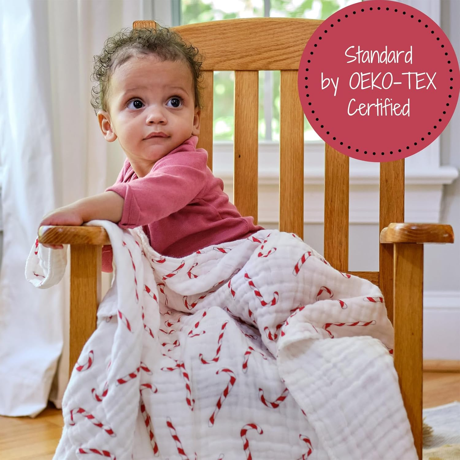 Lollybank Muslin Baby Quilt, 100% Cotton Neutral Baby Blanket, 6-Layer Lightweight Toddler Quilt, Soft and Breathable Newborn Blanket for Boys and Girls, Newborn Essentials (Candy Cane Print)