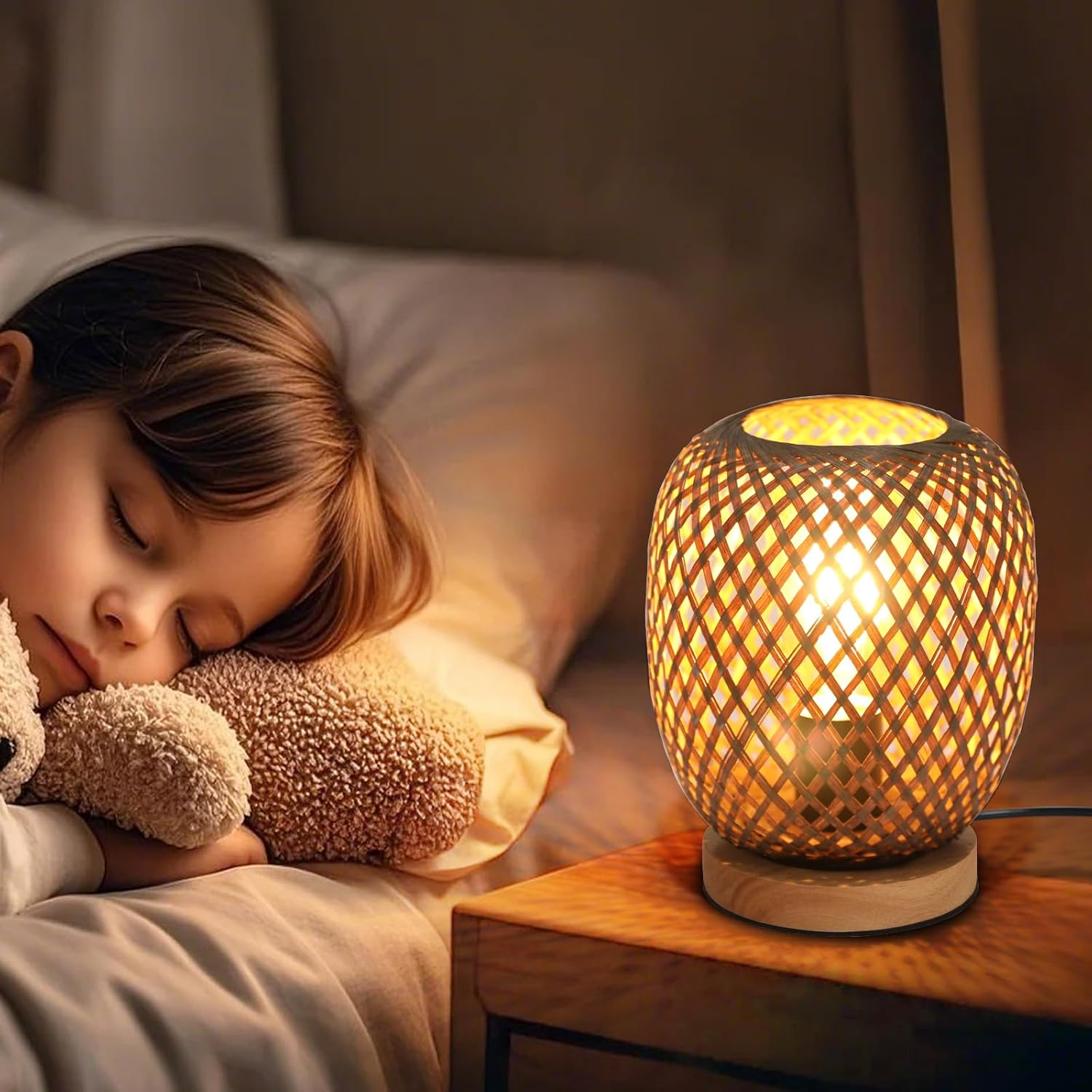 Bamboo Bedside Lamp, Vintage Retro Table Lamp with E27 Base and Built-In Dimmer, Ideal for Bedroom, Living Room and Office (Bulb Not Included)