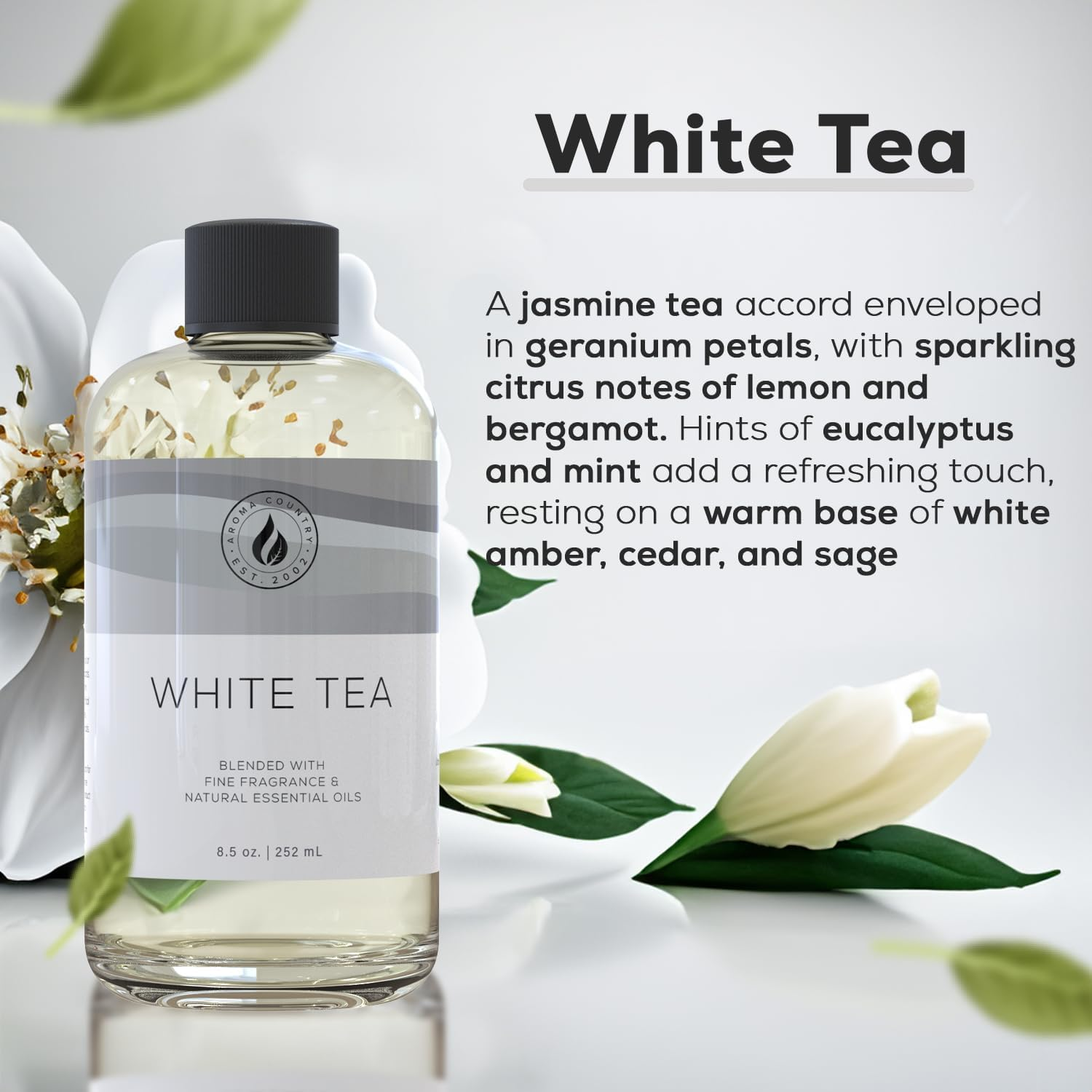 White Tea Essential Oil Refill (8.5 Fl. Oz.) for Reed Diffusers, Electric Diffuser Machines, and Oil Warmers - Natural, Organic White Tea Scent - White image number 4