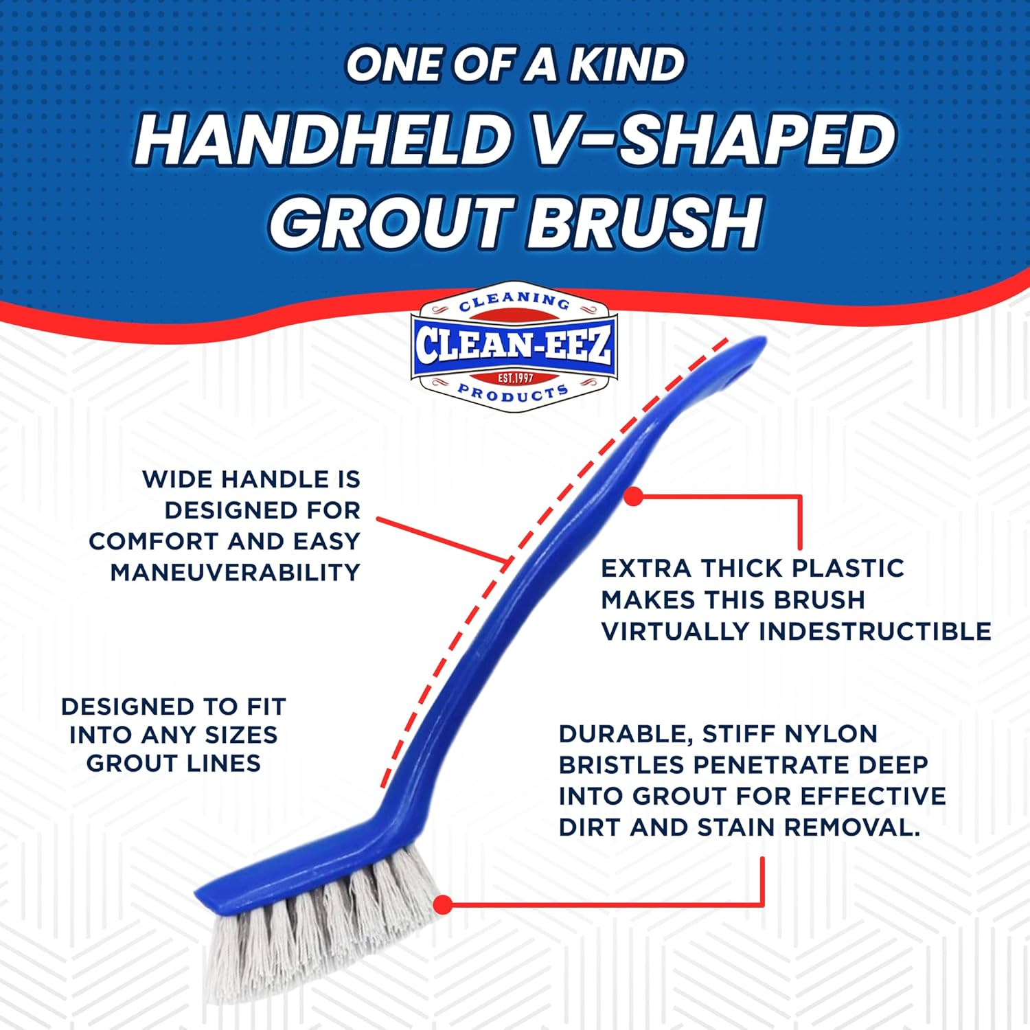 Clean-Eez Grout Brush Combo Kit - Stand up & Handheld V-Shaped Brushes with Curled Bristles - Easy Grout Cleaning without Bending - Perfect for Tile, Showers & Hard-To-Reach Spots - Durable