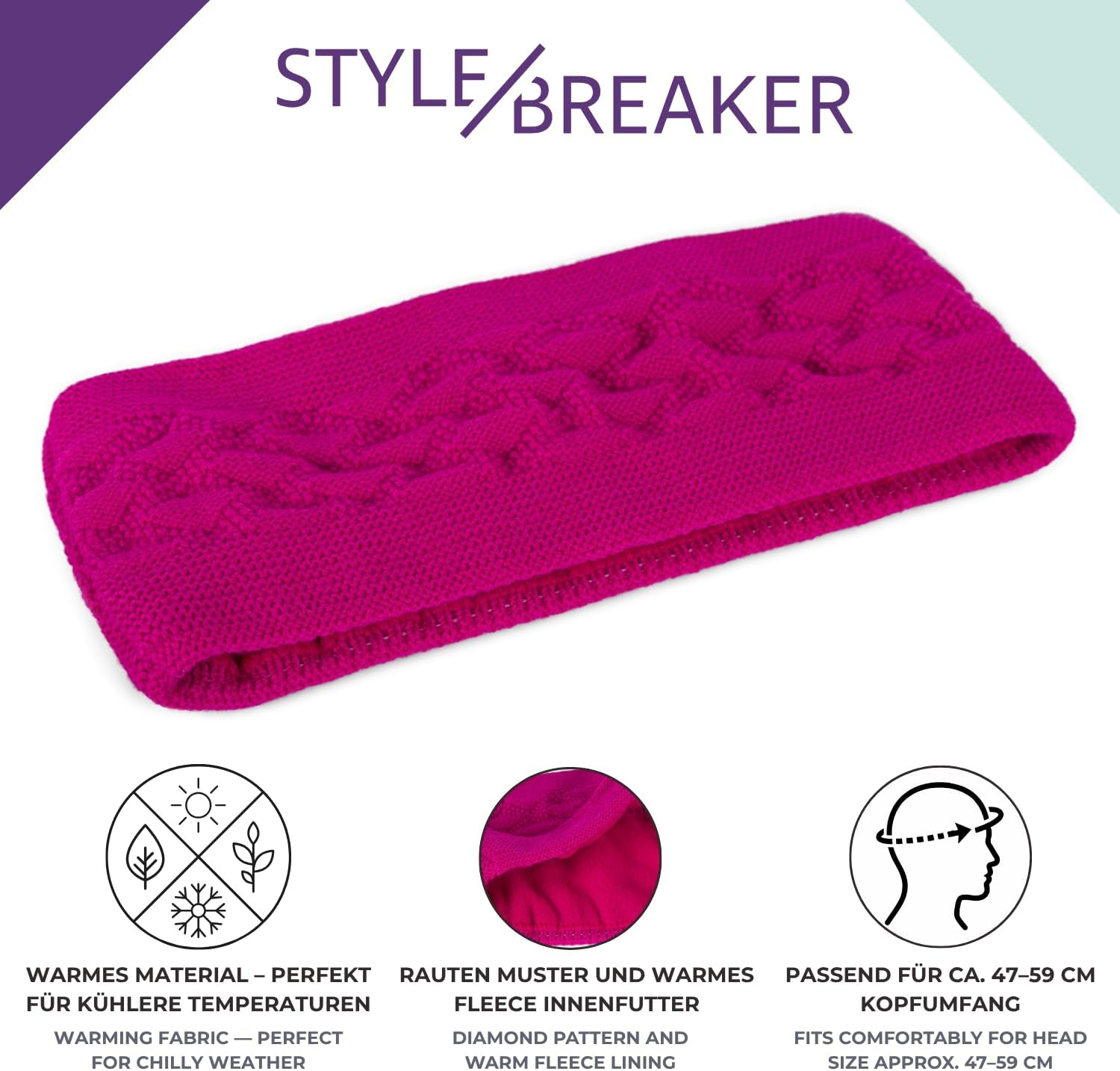 Stylebreaker Women'S Knitted Headband Plain with Checked Pattern, Thermal Fleece Lining, Winter Headband, Plain 04026061, Colour: Light Grey image number 5