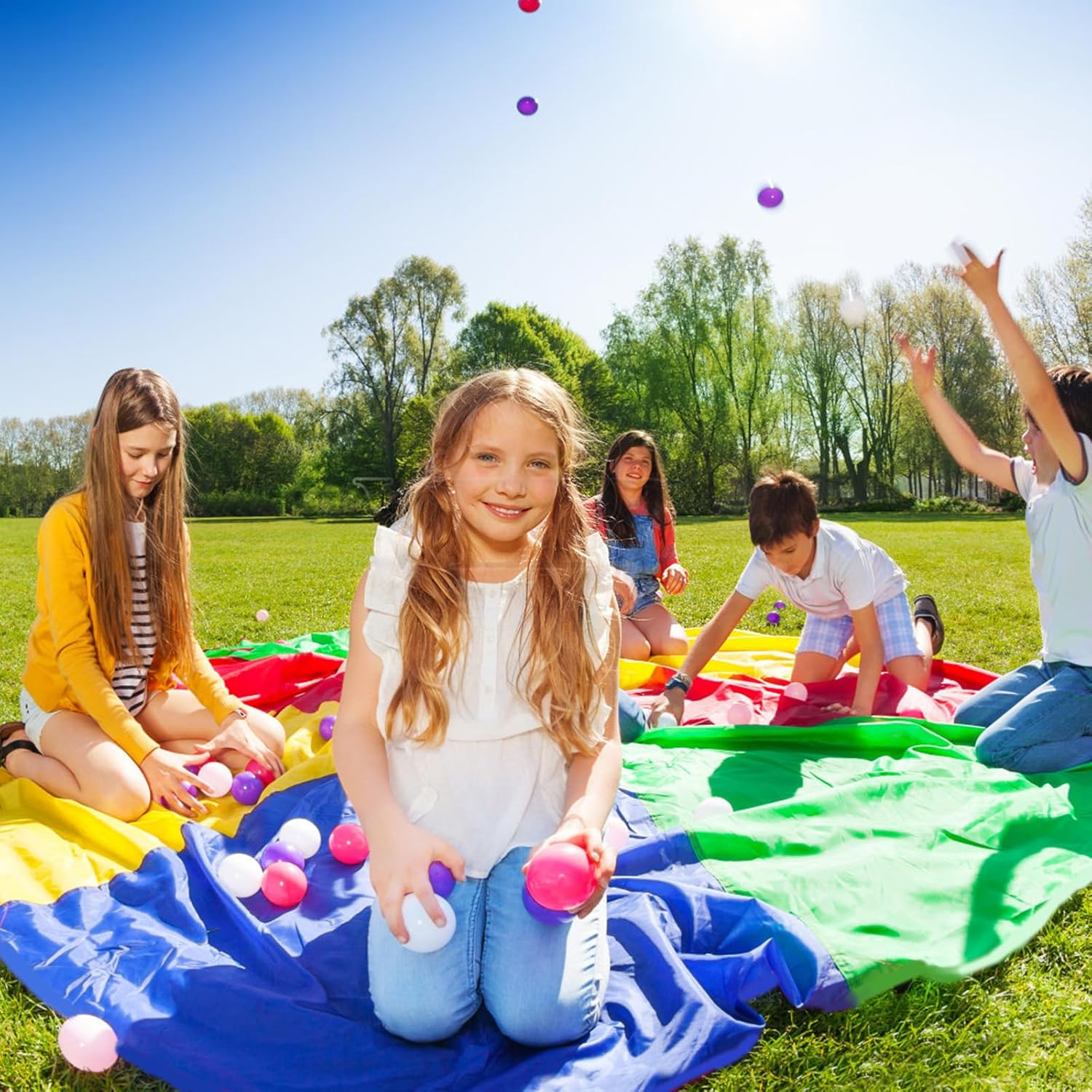 Parachute Toys, Rainbow Parachute with Diameter 1.85 M for Kids Kids Parachute with Handles for 6-8 People for Indoor and Outdoor Team Games image number 3
