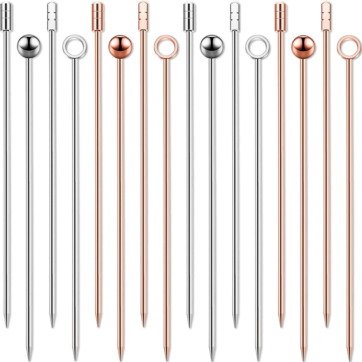 16 Pieces Metal Cocktail Picks for Drinks Martini Picks Cocktail Skewers 4 Inches Reusable Stainless Steel Bloody Mary Garnish Sticks (Silver,Rose Gold)