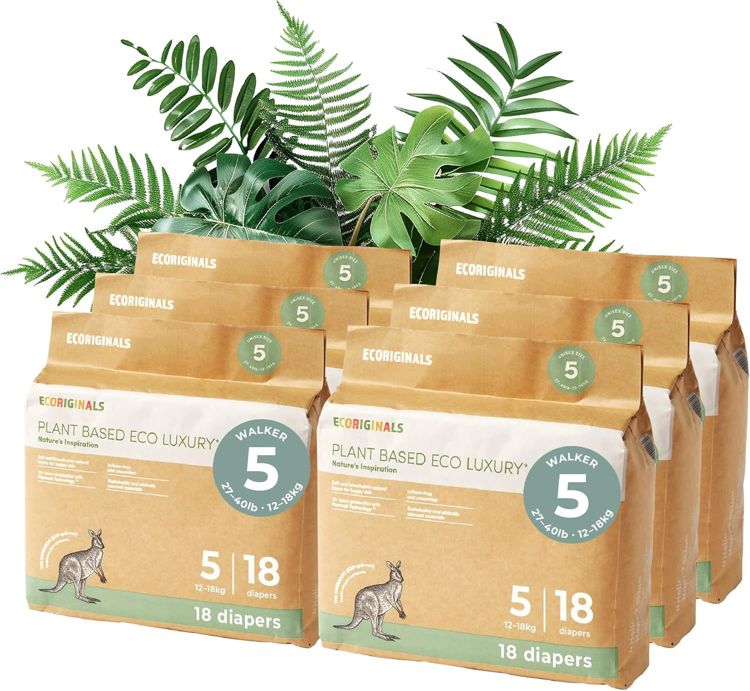Ecoriginals - 108 Eco Walker Nappies - Toddler Nappies Size 5 with 100% Plant-Based Layers, Disposable & Hypoallergenic Baby Essentials for - Secure Fit Size 5 Nappies (12-18Kg), 18X6 Packs image number 1