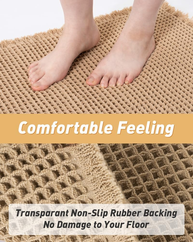 Upgraded Waffle Bath Mat 61X92 Super Absorbent Non Slip Comfortable Carpet for Tub, Shower Room, Machine Wash Dry with Tassels, Rubber Backed Bathroom Mats, Ultra Soft Brown image number 2