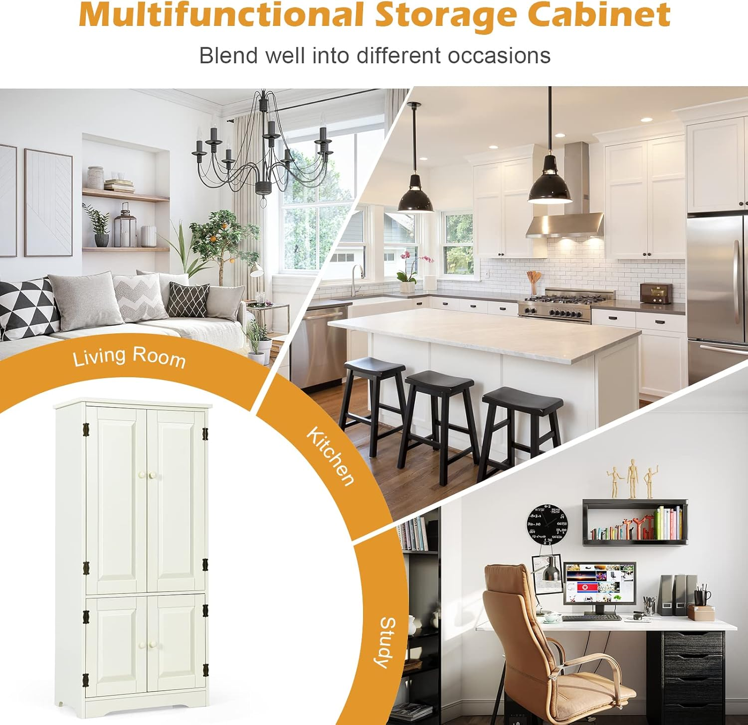 Giantex Freestanding Floor Cabinet, Pantry Cabinet Wooden Cupboard Organizer, Adjustable Shelf & Anti-Tilt Design, Sideboard Buffet Cabinet for Bedroom Bathroom Living Room, Ivory image number 6