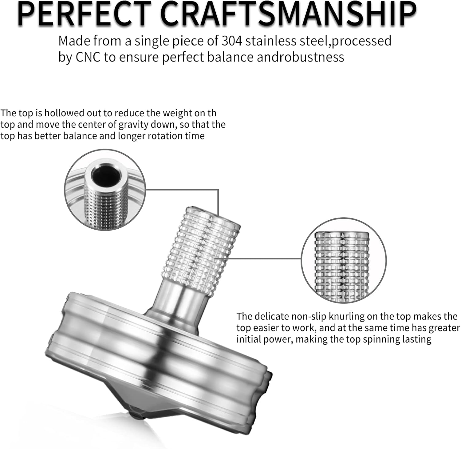 Premium Stainless Steel Spinning Top, Great CNC Machined Made, Perfectly Balanced, Spin Long Time, Easy to Twirl, Time Killer, Kinetic Desktop EDC Fidget Toys (M, Silver) image number 3