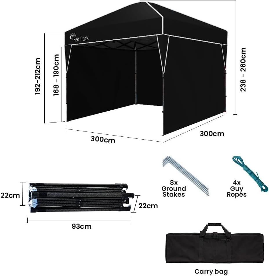 Red Track 3X3M Ultra Compact Folding Gazebo, Walls, Carry Bag, Portable Outdoor Popup Marquee for Camping Beach, Black