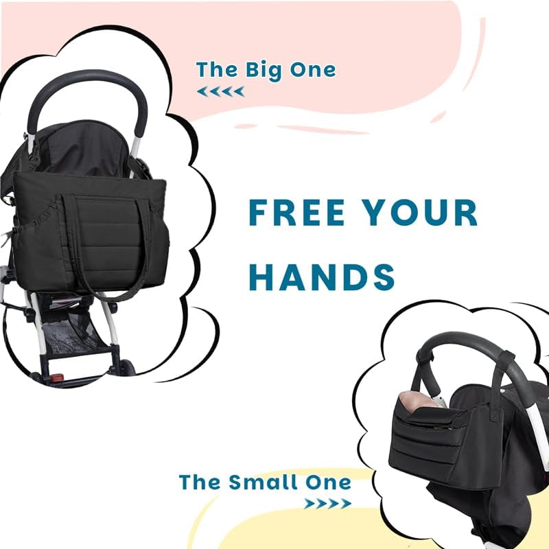 3-Piece Quilted Diaper Bag Set with Changing Mat, Large Capacity Tote with Shoulder Strap, Black image number 2