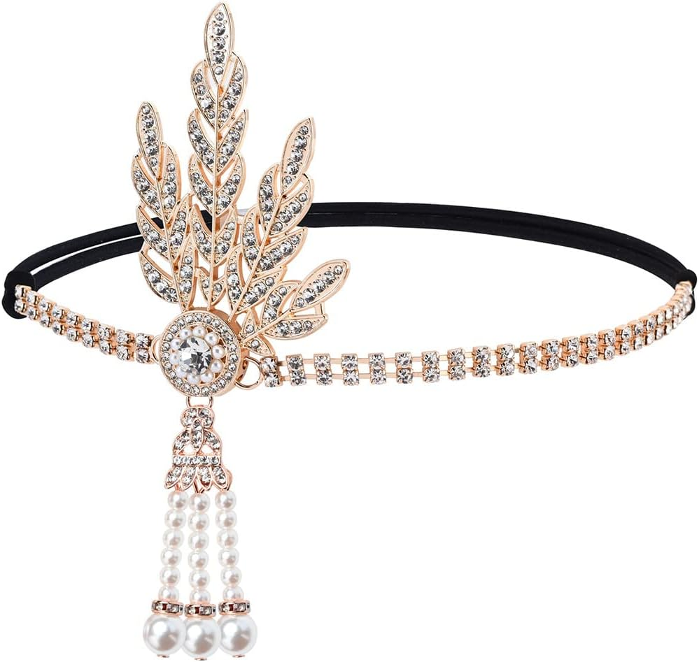 GORTIN 1920'S Flapper Headband Leaf Rhinestone Headpiece Pearl Headdress Bridal Hair Accessories Head Chain for Women