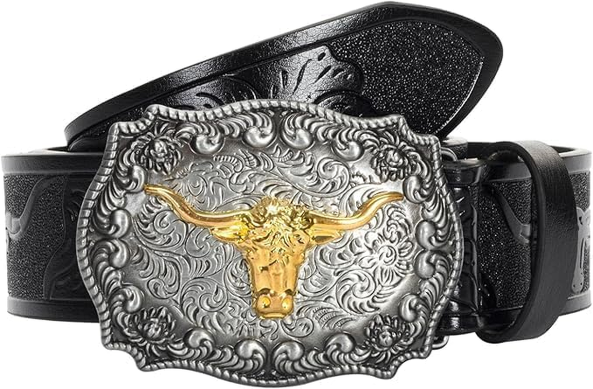 Men'S Western Cowboy Leather Belt with Long-Horned Cow Flower Carving Buckle - Perfect for Jeans