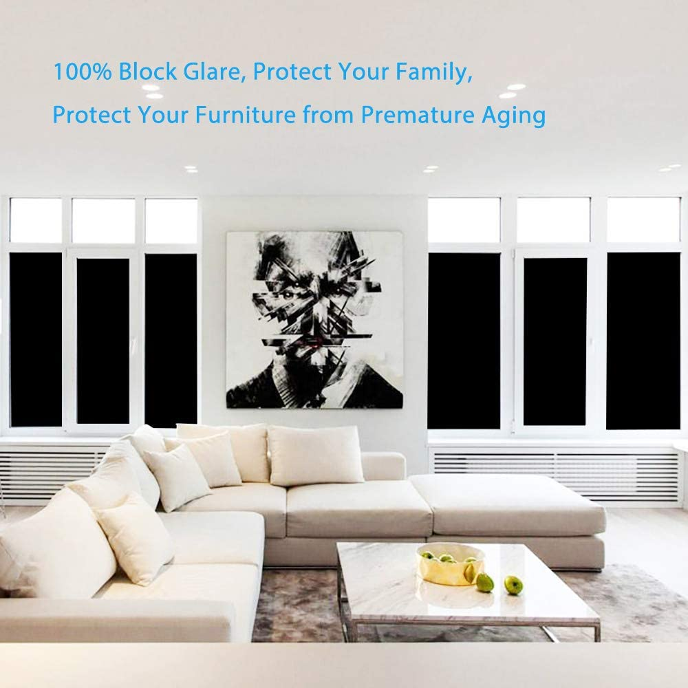 Arthome All Blackout Window Film, 45X254Cm Removable Privacy Film，Anti UV Dark Window Tint Frosted Decorative Privacy Films No Glue Self Static Cling for Bathroom Living Bedroom Kitchen Home
