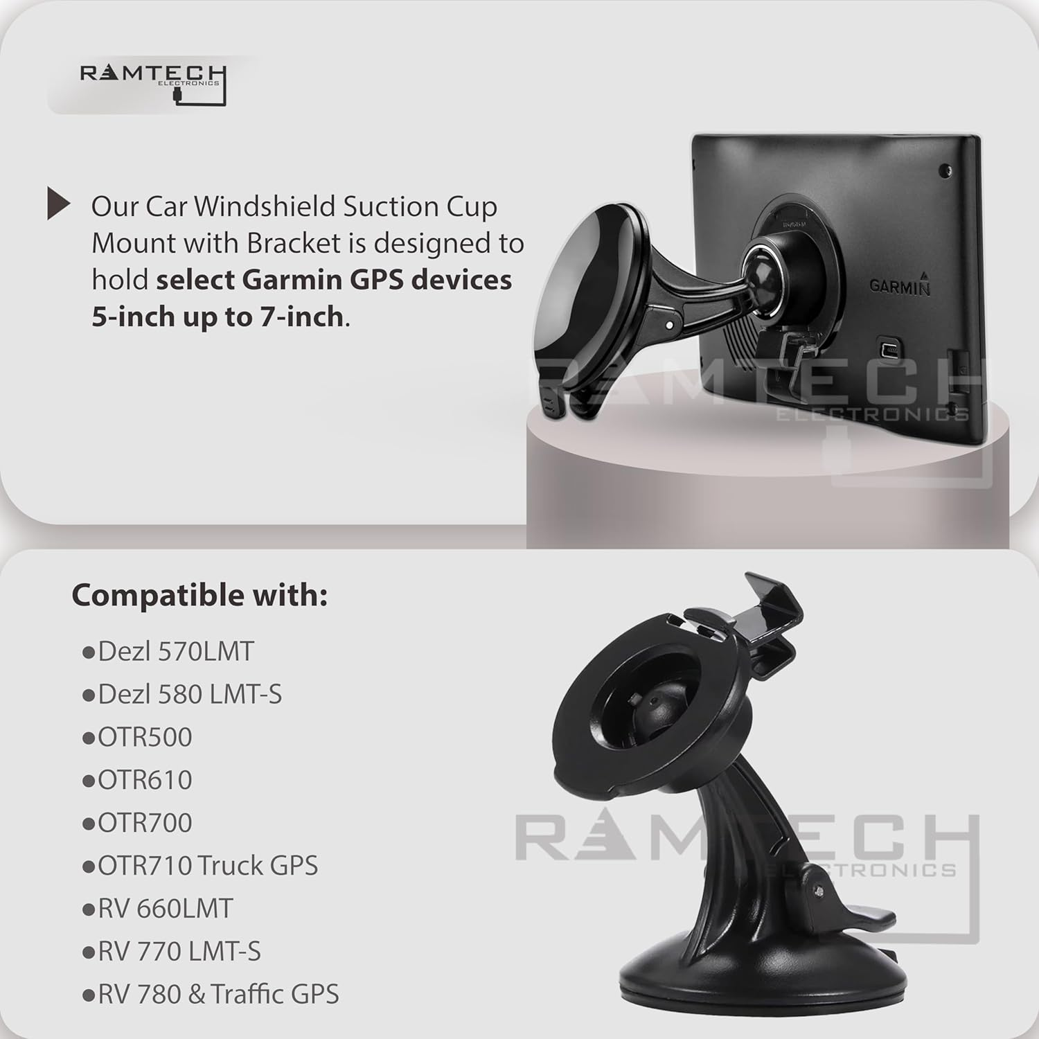 Ramtech Car Windshield Suction Cup GPS Mount with Bracket, Compatible with Garmin Dezl 570LMT 580 LMT-S, OTR500, OTR610, OTR620, OTR700, OTR710, OTR720 Truck GPS, RV 770 LMT-S, RV 780, SCR image number 4
