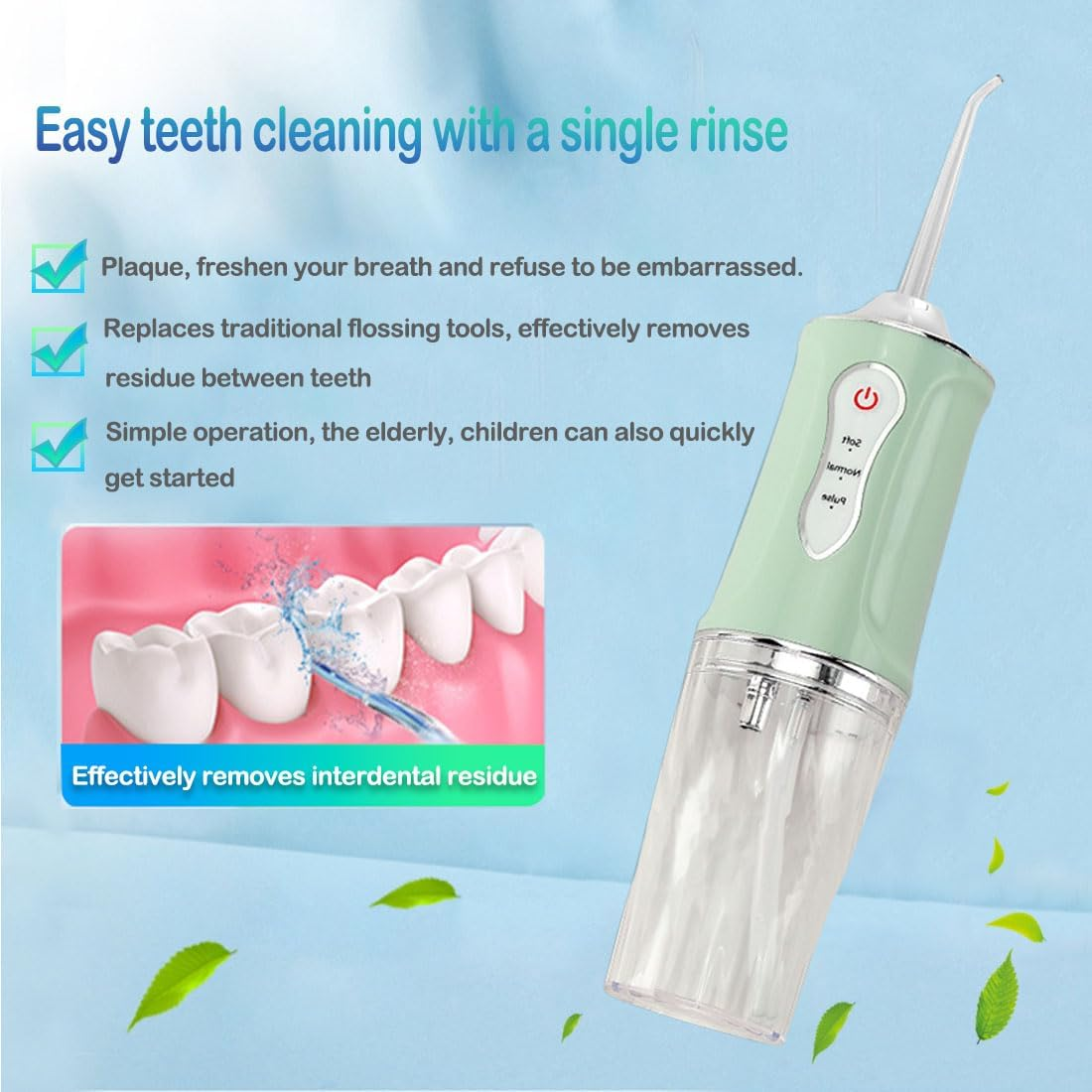 Water Flosser,Cordless Water Dental Cleaner Choice of 4 Tips, IPX7 Waterproof Rechargeable Portable Powerful Battery Water Flosser for Travel and Home Braces and Bridge Care (Green) image number 5