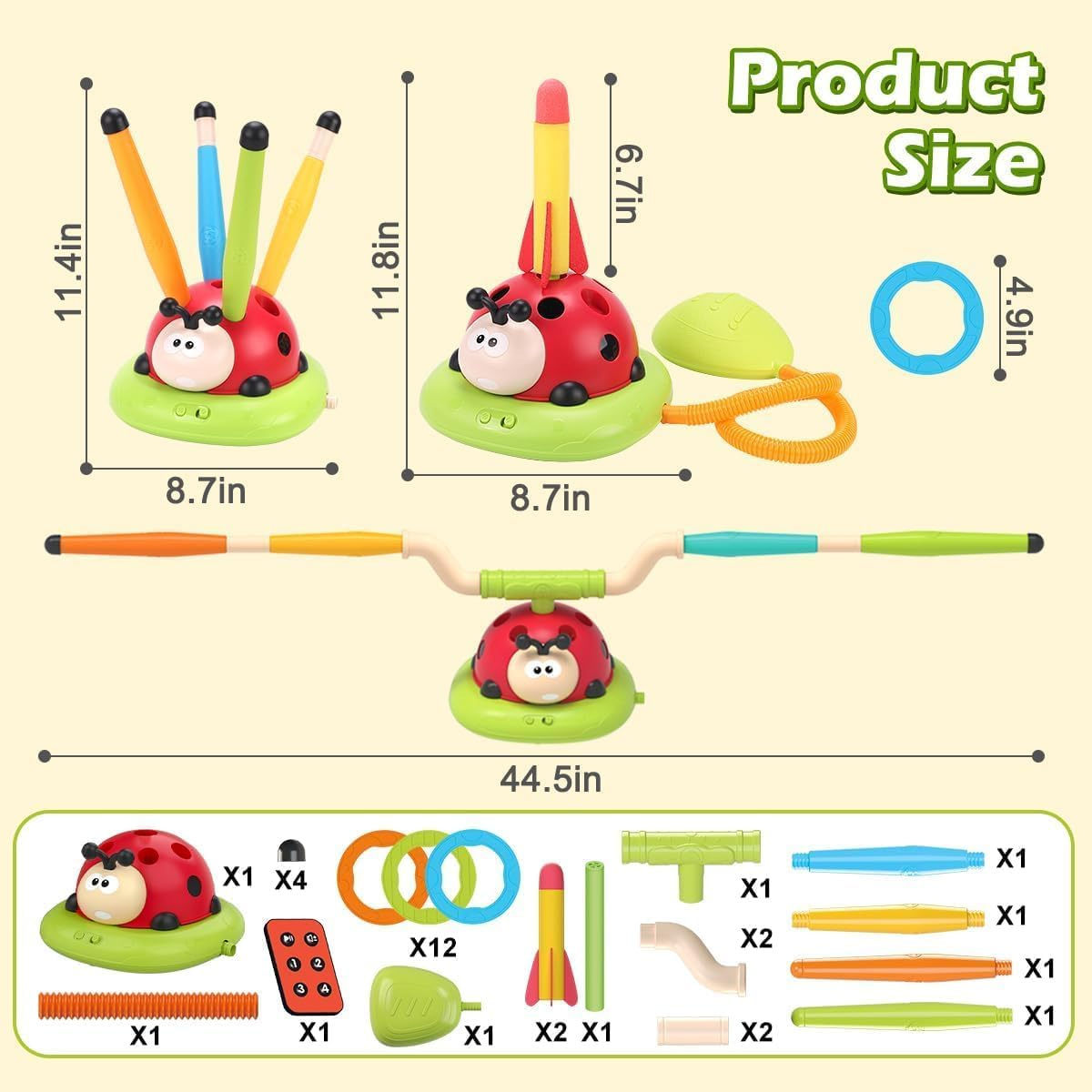 Indoor Outdoor Toy for Kids Ages 3+, 3 in 1 Rocket Launcher/Musical Jump/Ring Toss Game with Remote Control and Music, Birthday Gifts for 3-8 Year Old Boys Girls image number 1