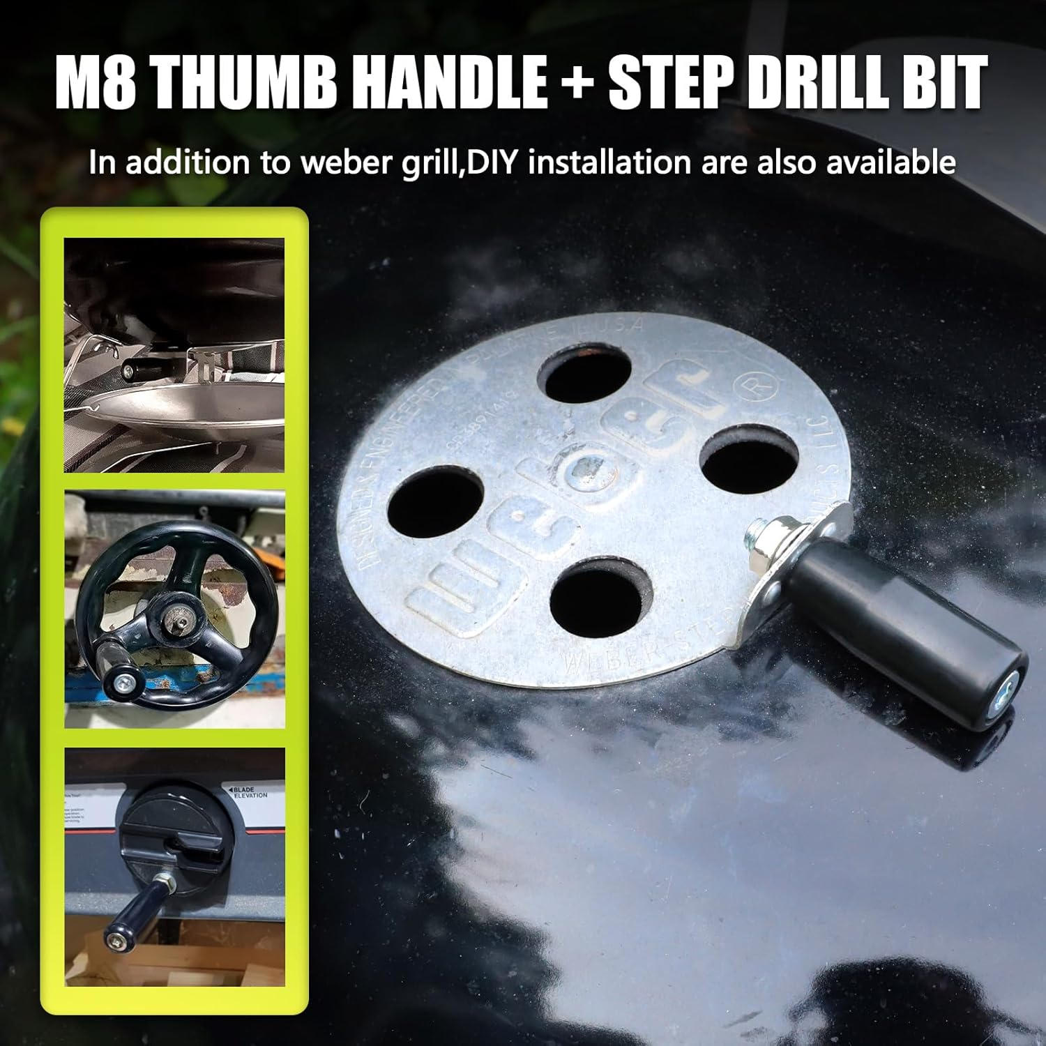 Cool Touch Damper Handle Compatible for Weber Smokey Mountain WSM Kettle Grill,Knob BBQ Smoker Damper Thumb Handle with M8 Male Threaded Stem,Including Step Drill Bit for DIY Installation Convenience image number 5