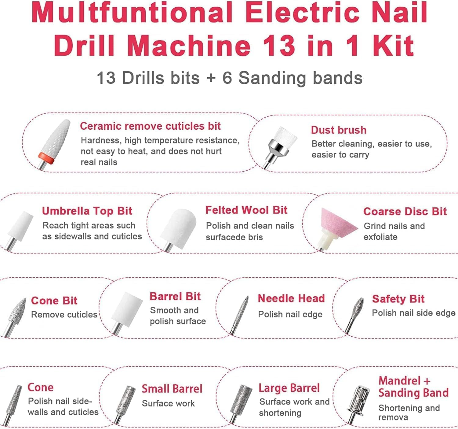 XIULIUU Electric Nail Drill, 13 in 1 Manicure Pedicure Set, Portable, with Nail Drill Bits, Sanding Bands, Adjustable Speed image number 2